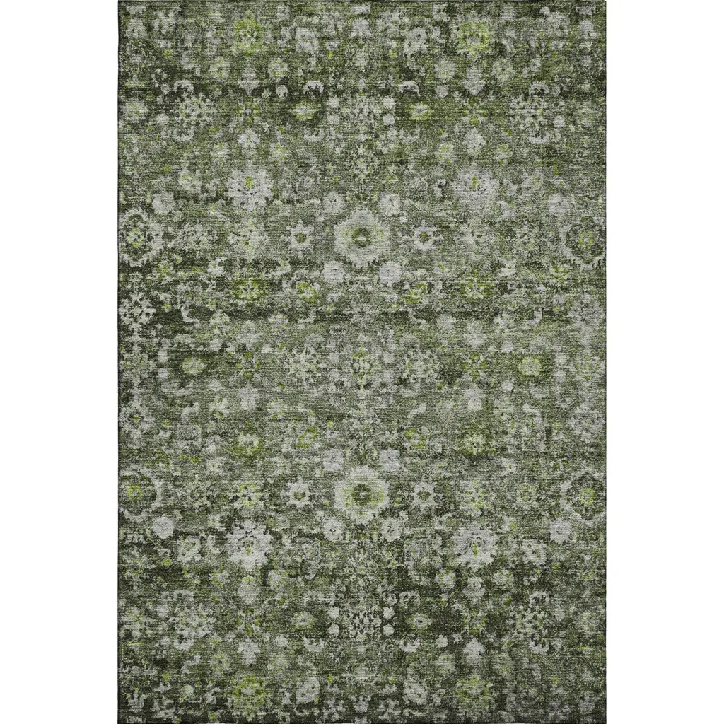 HomeRoots 653773 10 x 14 ft. Green, Ivory & Gray Oriental Washable Machine Made Rectangle Area Rug with UV Protection