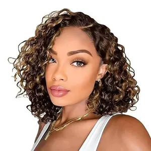14 Inch Highlight Curly Bob Wig Human Hair Glueless Wigs for Black Women P4/27 Shoulder Length Curly Human Hair Wig Ombre Honey Blonde Lace Front Wigs C Part Natural Hairline