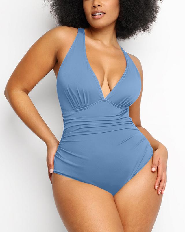 Shapellx Women's Smart Sculpt Front Ruched Swimsuit Tummy Tucking One Piece Slimming Bathing Suit Sculpting Snatched Waistline Swimwear