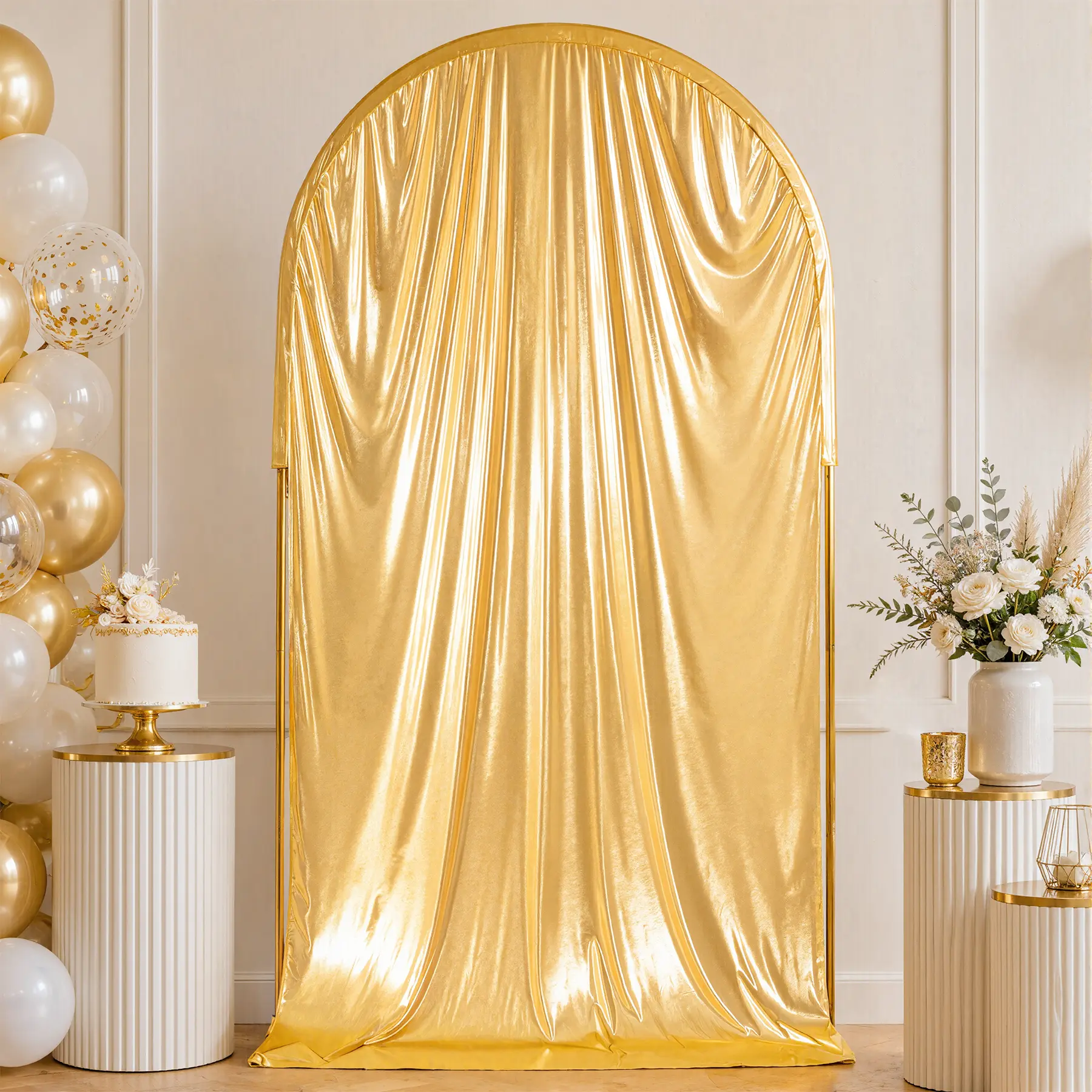 Gold Glitter Arch Backdrop Drape, Wrinkle Free Double Sided Fabric 8FT x 4FT Fits 7.2FT Chiara Arch Frame, Washable Shiny Curtain for Wedding Baby Shower Grad Party Decor
