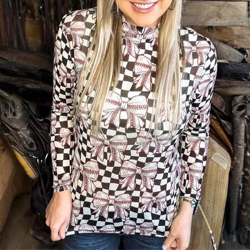 Znacicc Women's Super Chic Checkered Mesh Mock Neck  Winteroutfit Long Sleeve Top - Chic Shirt for Women - Womenswear