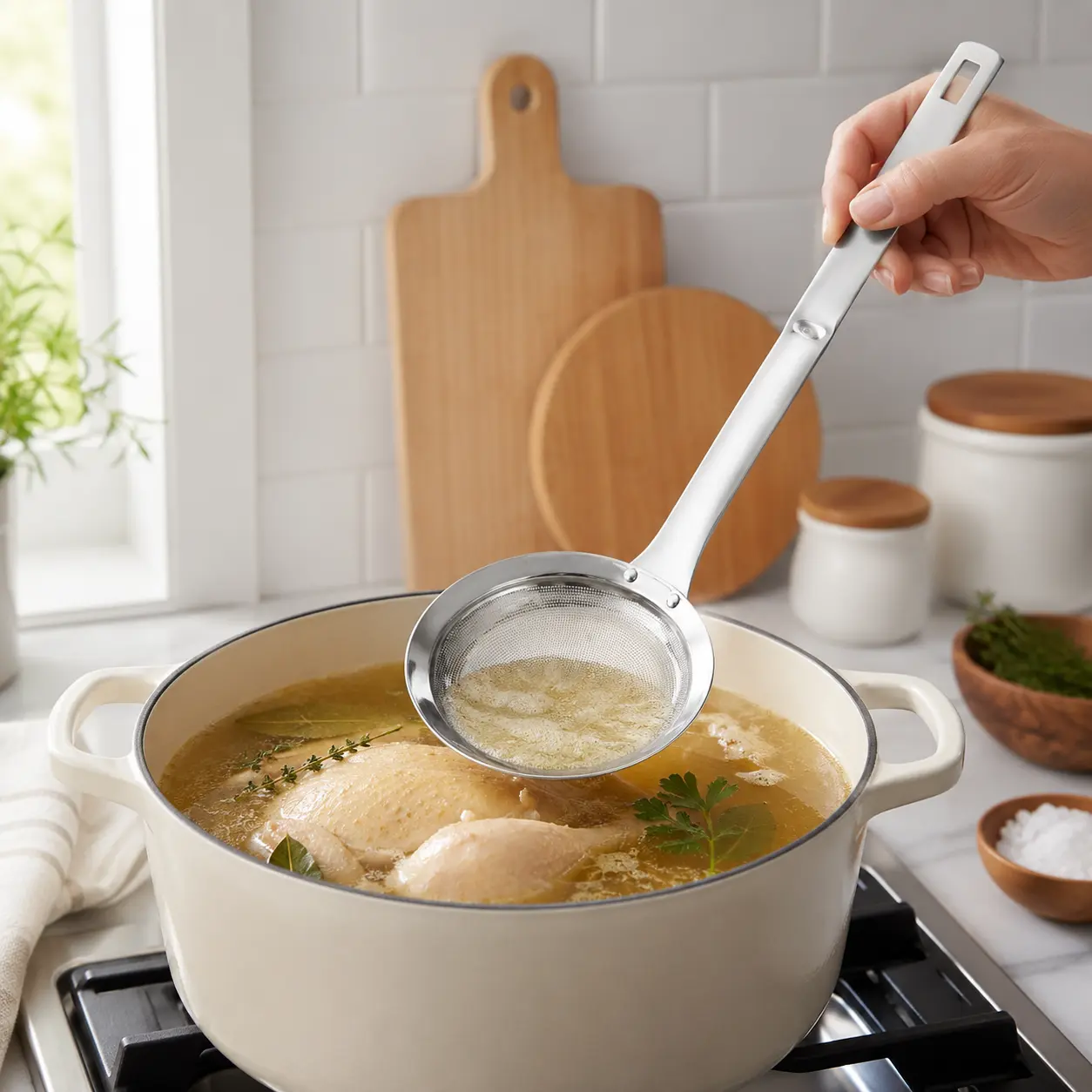 Large Stainless Steel Fine Strainer Colander with Easy-hold Handle - Sturdy, Debris-Capturing Mesh for Daily Use, Steel Durability Kitchen Grease Filter Accessory for Oil Residue