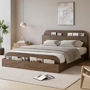 Queen Size Bed Frame with Storage Headboard and Raised Footboard – Wooden Full-Floor Low Platform Bed for Bedroom, No Box Spring Needed, Walnut