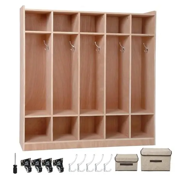 Children's Sturdy Wooden Wardrobe with Wheels - 137x33x122cm Indoor Furniture, 5 Open Compartments, 10 Shelves, 5 Hooks, 2 Storage Boxes, 4 Wheels, Stable Anti-Tip Device, Safe, Assembly Required, Ideal for Nursery, Hallway