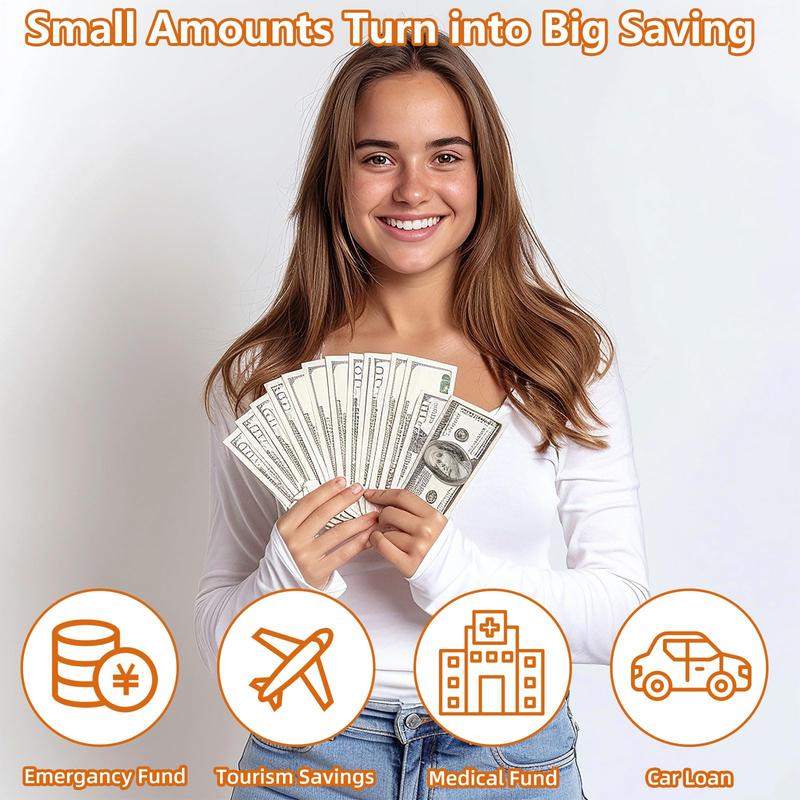 $10000 Larger Size Savings Challenge Box - Cash Vault Wooden Money Savings Box for Adults Kids - Kakeibo Money Bank - Wooden Cash Coin Piggy Bank with Counter and Dry Erase Pen - Brown