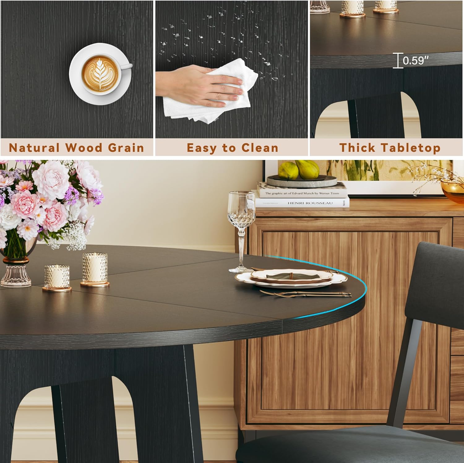 Round Dining Table Set for 6, 7-Piece Kitchen Table and Chairs for 6, 47'' Round Dining Room Table Set with 6 Chairs, Space Saving Dining Table with Wood Base for Kitchen, Living Room, Black