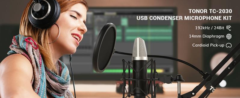 TONOR TC-2030 Condenser Microphone 192kHz/24Bit USB Cardioid with Extended Boom Arm, Spider Shock Mount, Desk Clamp & Pop Filter for Recording, Streaming, Gaming, Podcasting