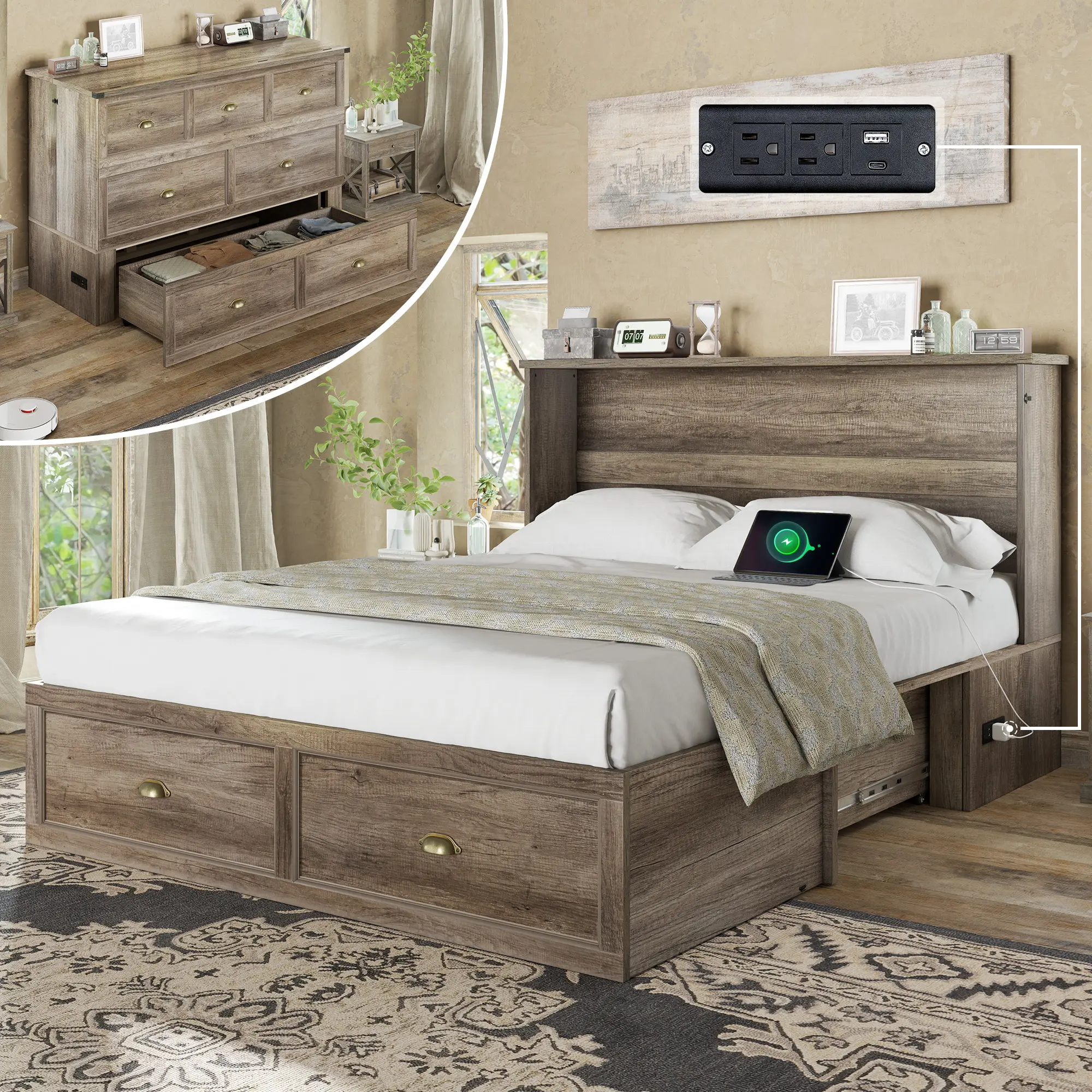 Amerlife Rustic Wood Farmhouse Murphy Bed - Foldable 6-in Tri-Fold Memory Foam Pull Out Mattress, Compact Design, Storage Drawer, USB Charging Ports #homemakeover,sohochic