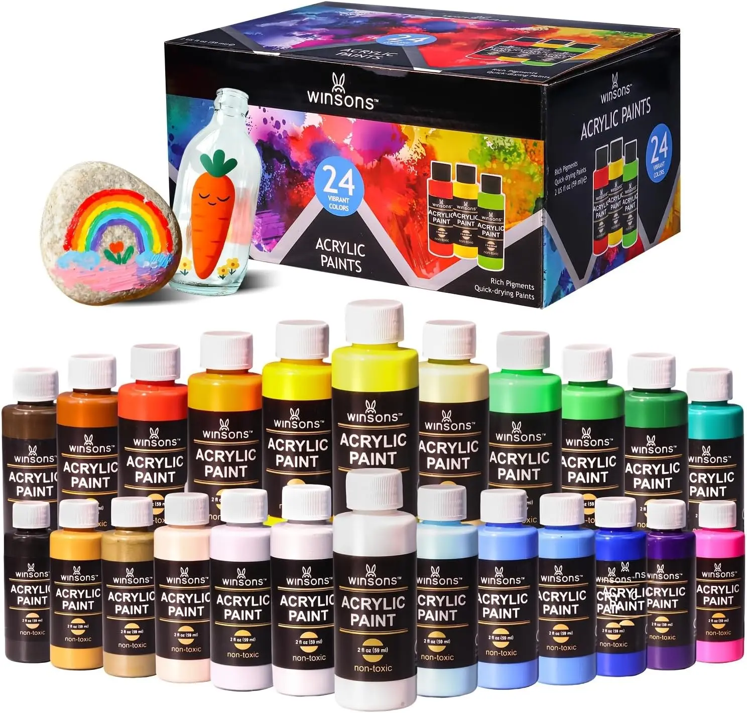 WINSONS Acrylic Paint Set Pack - 24 x 2oz Rich Pigment Bottles, for Artists, Ideal for Canvas, Rock Painting