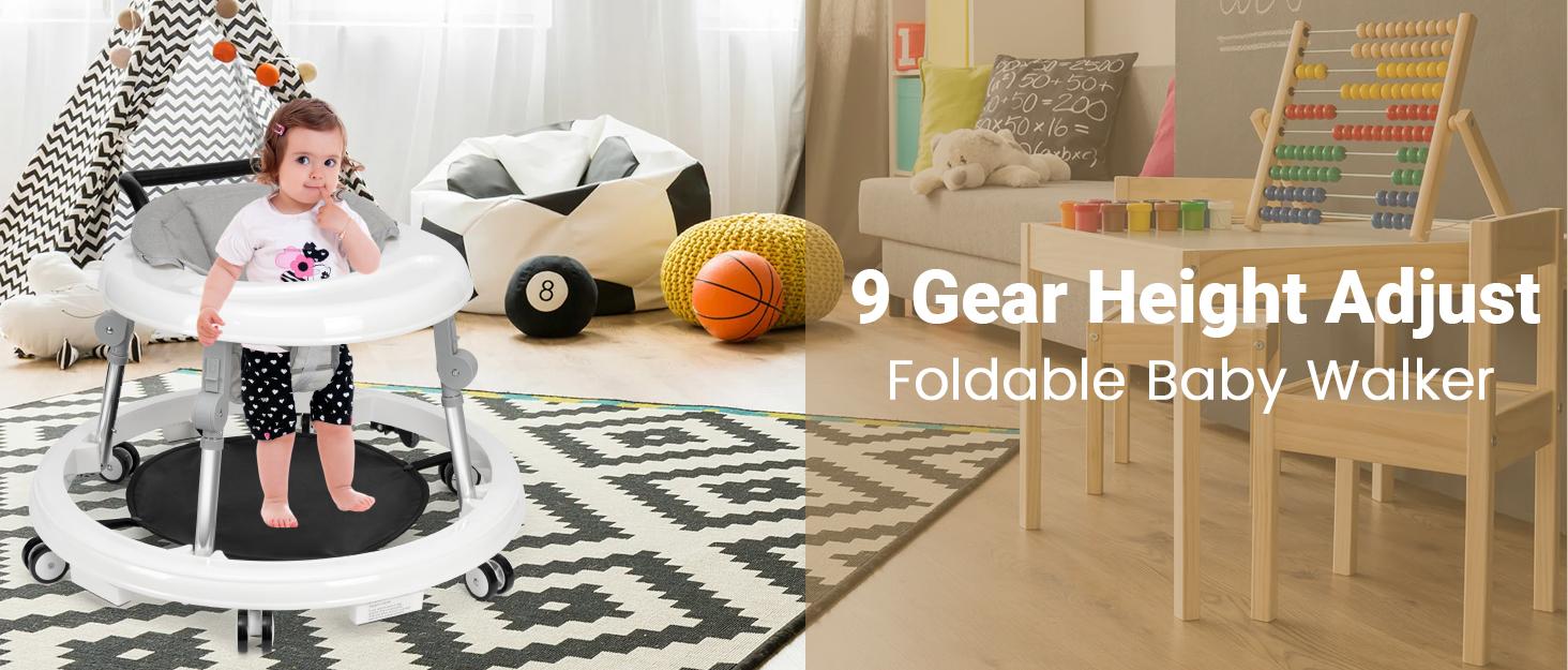 Baby Walker Foldable with 9 Adjustable Heights, 6-12 Months  Baby Walkers, with Wheels Portable Anti-Rollover,Rolling portable design,DealsForYouDays