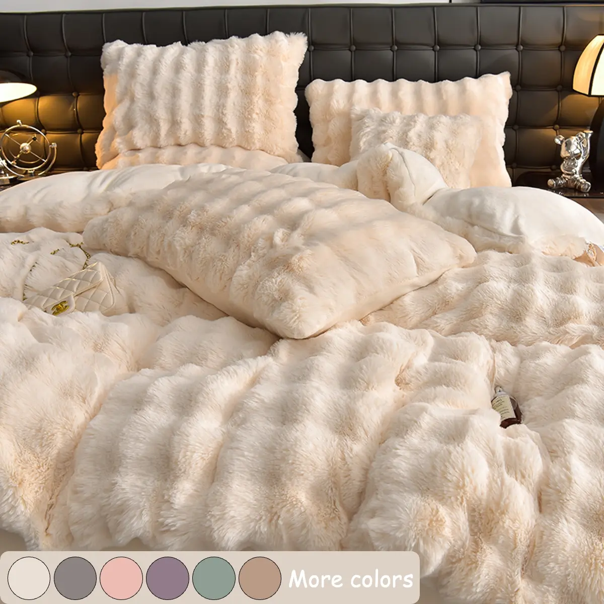 Faux Rabbit Fur Duvet Cover Set, Luxury Ultra Soft Solid Color Bedding, Comfy Bedding Sets, Warm All Season 3 Piece Set with 1 Duvet Cover and 2 Pillowcases for Bedroom, Sofa, Dorm
