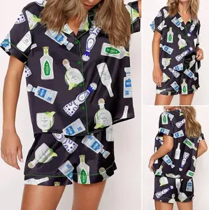 Tequila Bottles Pajama Set For Women Print Comfy Satin Sleepwear & Loungewear Pjs Printing Silky Top & Bottoms (Black)