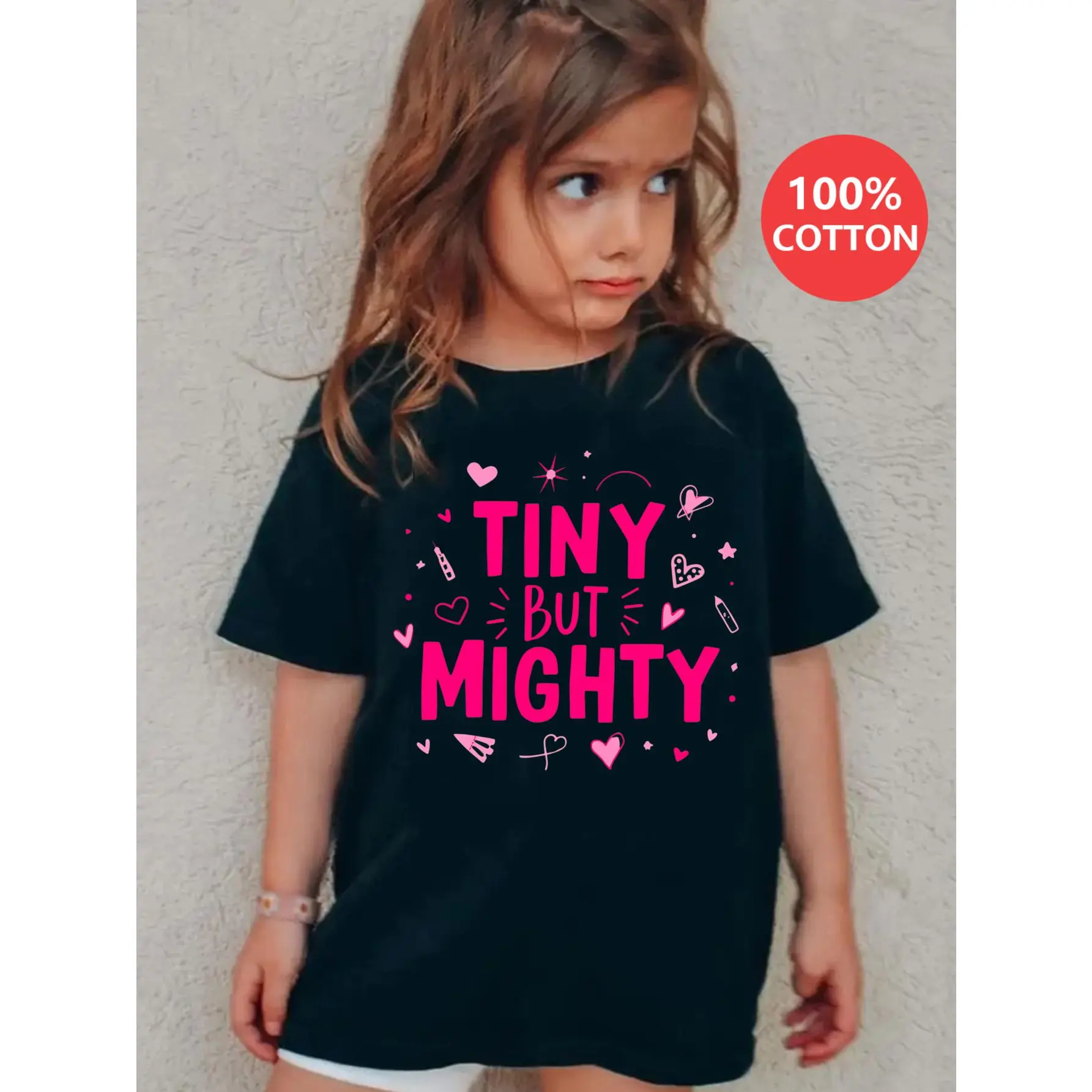 Girls T Shirts Tiny But Mighty With Hearts And Stars Print 100% Cotton Round Neck Short Sleeve T-shirt