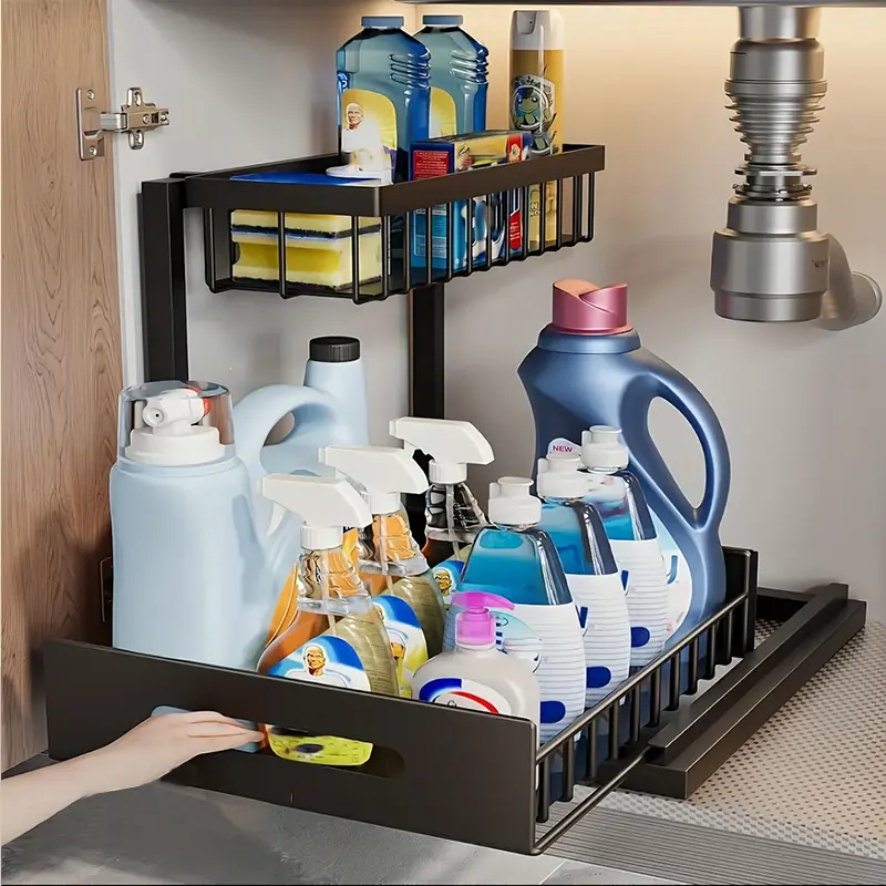 Pull Out Cabinet Organizer, 2 Tier Under Sink Slide Out Storage Shelf, Metal Sliding Drawer Rack for Kitchen Bathroom Pantry and Closet Organization