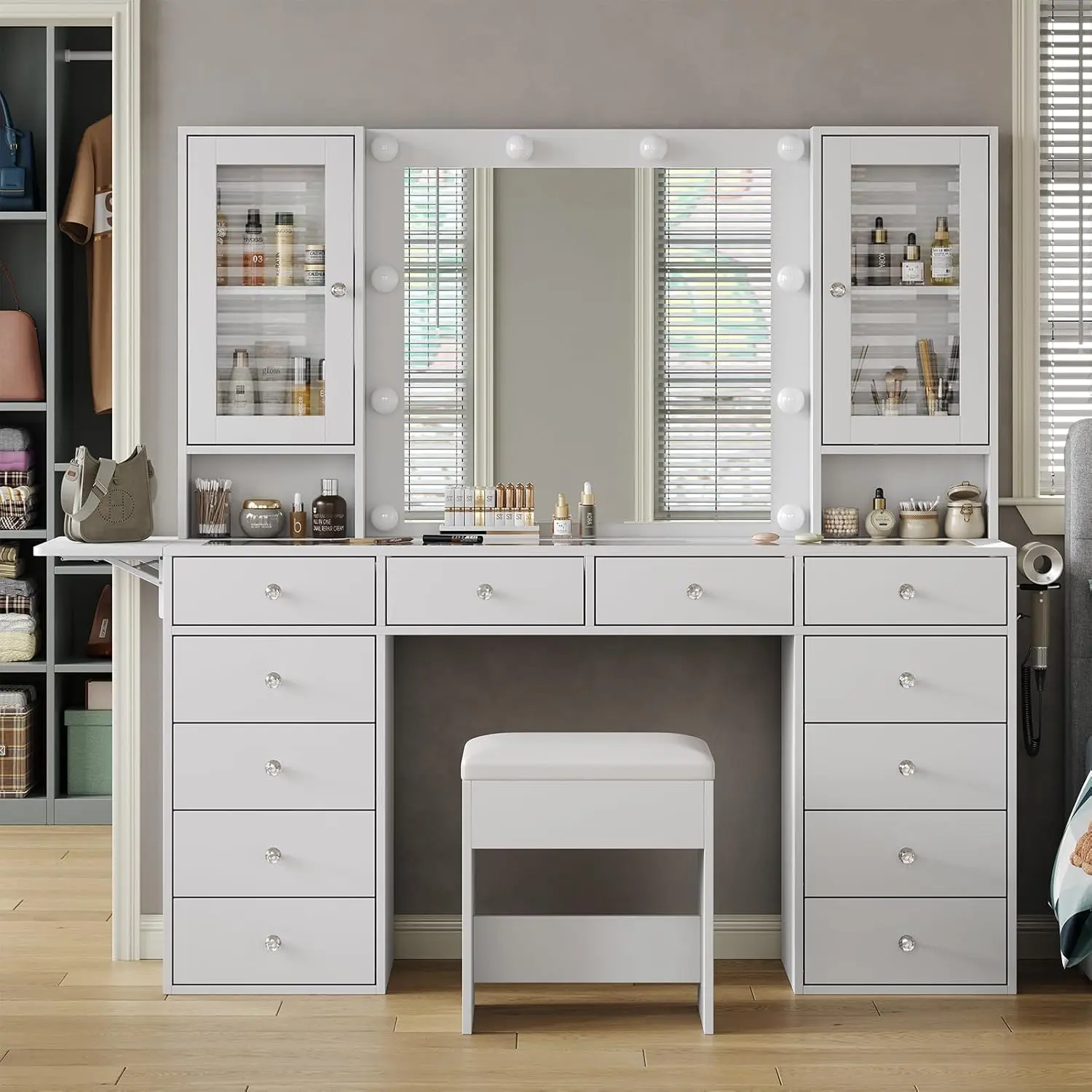 FUSOU 55"W Vanity with Power Outlet [Shipping By 2 Packages] Vanity Desk with Mirror and 10 LED Lights, Makeup Vanity with 12 Drawers and 2 Cabinets, Fold-up Panel, Glass Top Vanity Table with Chair for Bedroom