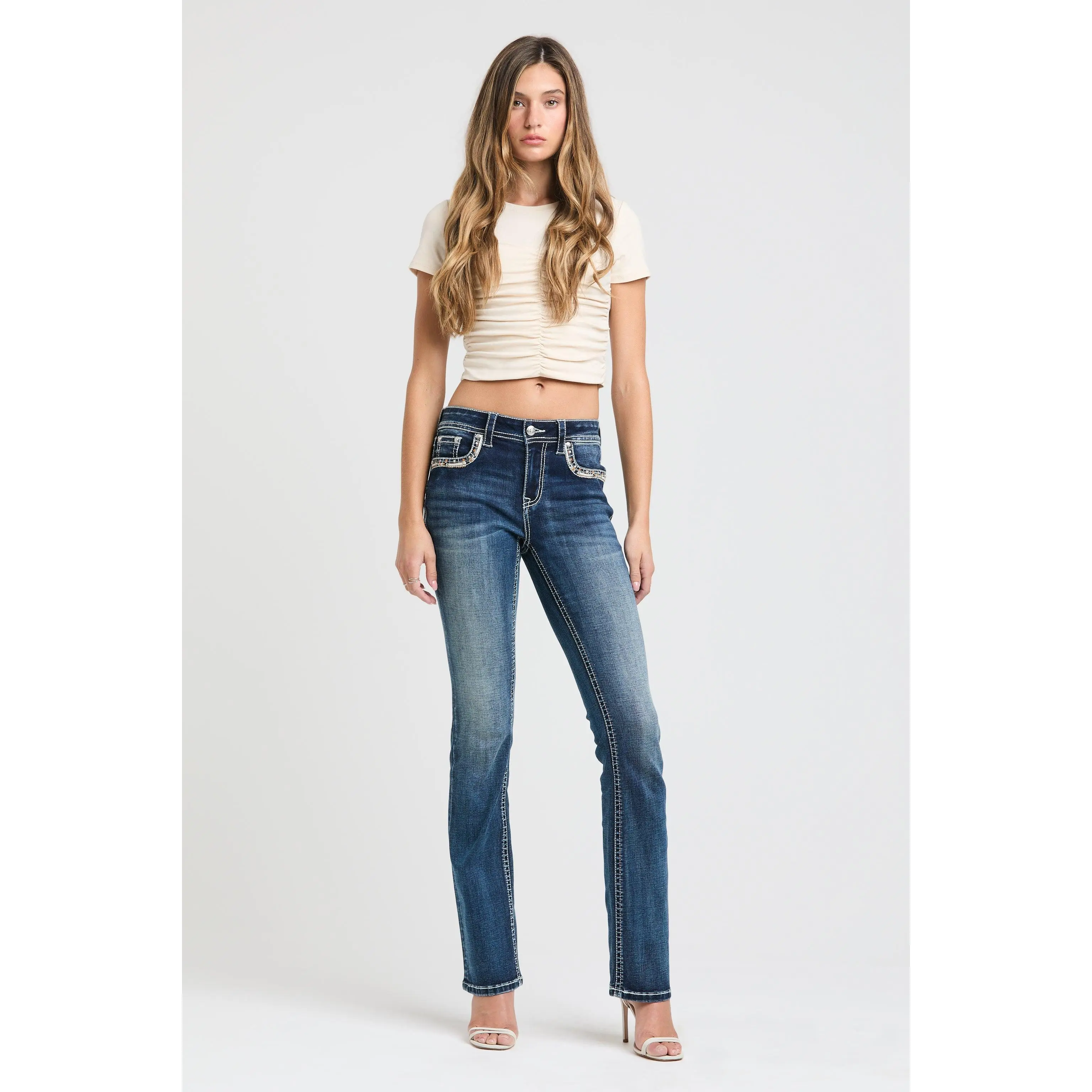 Aztec Back Pocket Embroidered Bootcut Jeans Women Mid Rise High Stretch Western Denim