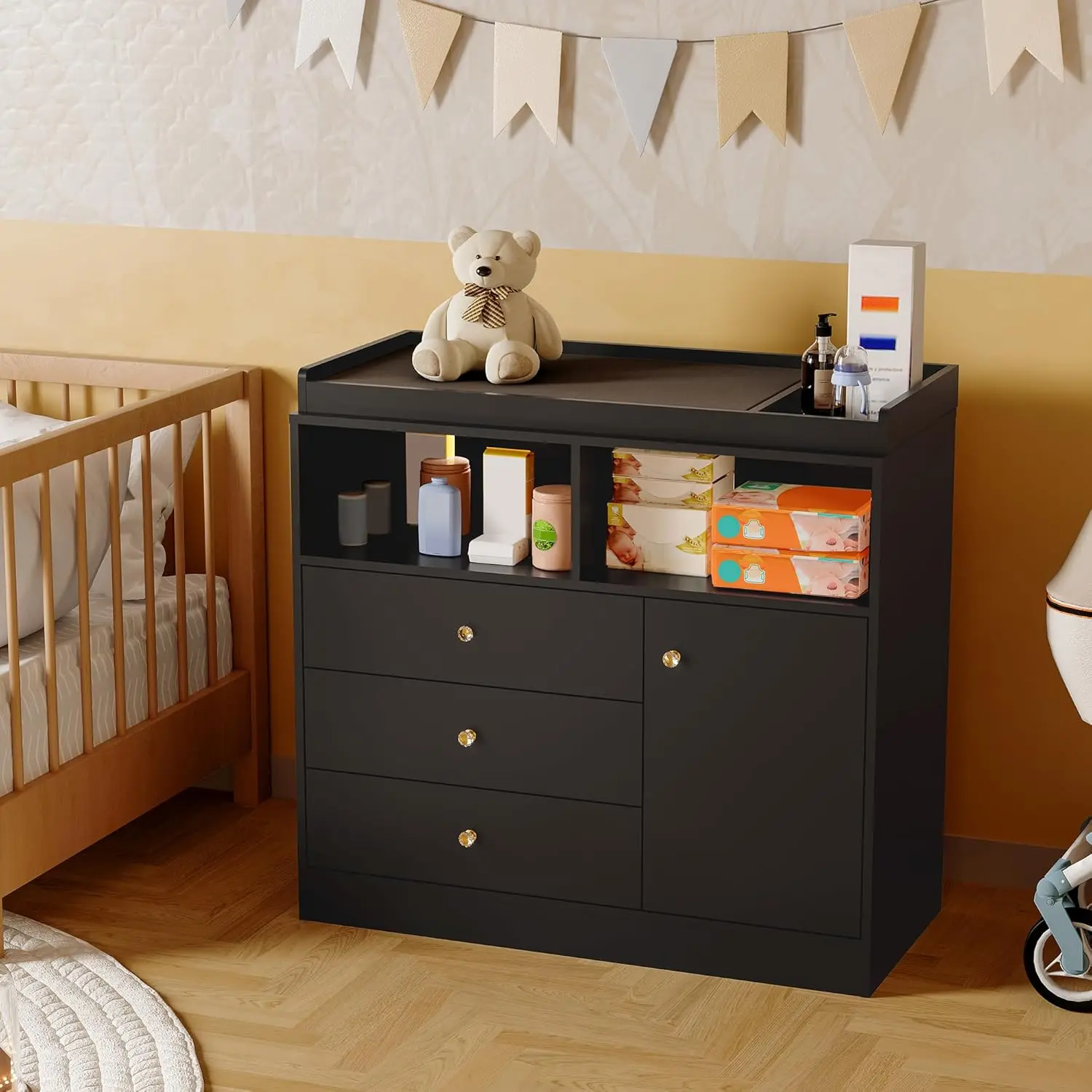 Black 37.4 Inches Tall Wooden Nursery Dresser with Detachable Changing Table Top, Anti-Tip Base, 2-Shelf Open Space, 3 Drawers, 1 Cabinet, Adjustable Shelf - Ideal for Children's Room Indoor Furniture