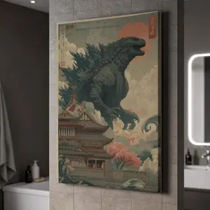 Godzilla Vintage  Art, Japanese Monster Illustration with Pagoda and Clouds, Retro Style Wall Decor