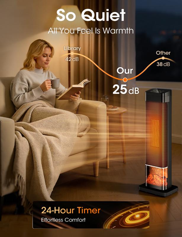 TEHANLD Space Heaters for Indoor, 25”Large PTC Ceramic Heater with Flame, 1500W Electric with Thermostat, 70°Oscillating Portable Tower Heater with Remote for Room, Bedroom, Home, Office, Black