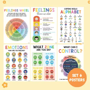 Set of 6 Colorfull Calming Corner Posters for Kids - Feelings Wheel & Emotions Chart for Kids - Posters for Calm Down Corner Supplies for Therapy Office Decor - Durable Laminated Material