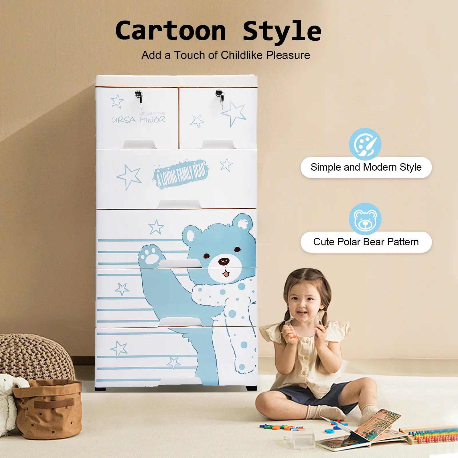 Cartoon Style Plastic 5-Tier 6-Drawer Rectangular Dresser with Polar Bear Pattern, Food-Grade PP Drawers, 30kg/66lbs Capacity, Anti-Tip Base, Simple Design, Rounded Corners, 4 Footbeds, 50*35*102cm, 6.8kg/14.99lbs, Kids Room Home Organizer Storage Holder