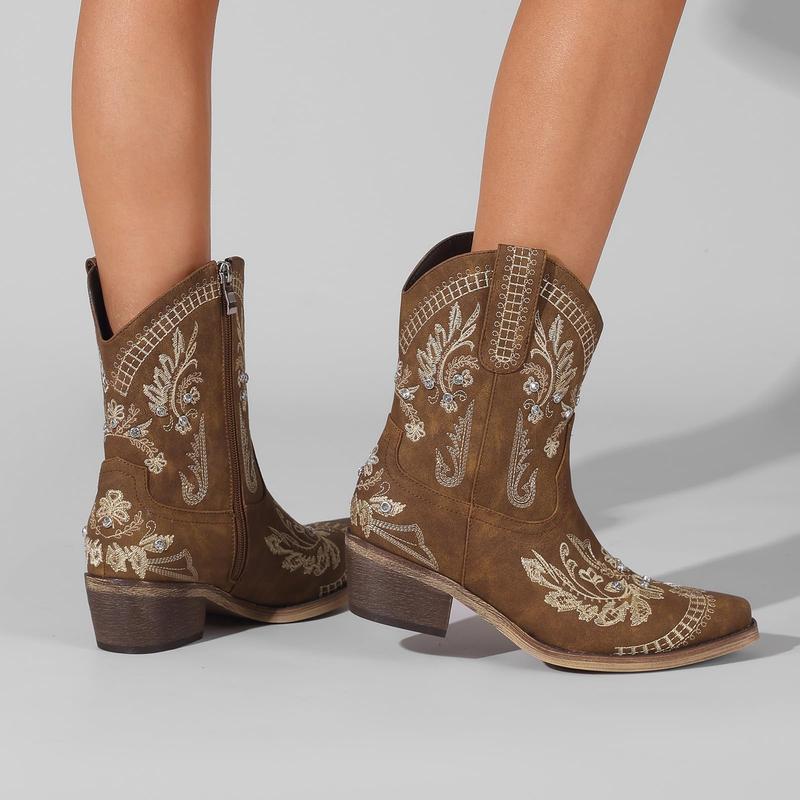 Rhinestone Ankle Cowboy Boots for Women Embroidered Short Cowgirl Boots with Low Heel Side Zipper Comfortable Chunky Heel Western Booties for Prom Party Wedding Pull On Shoe