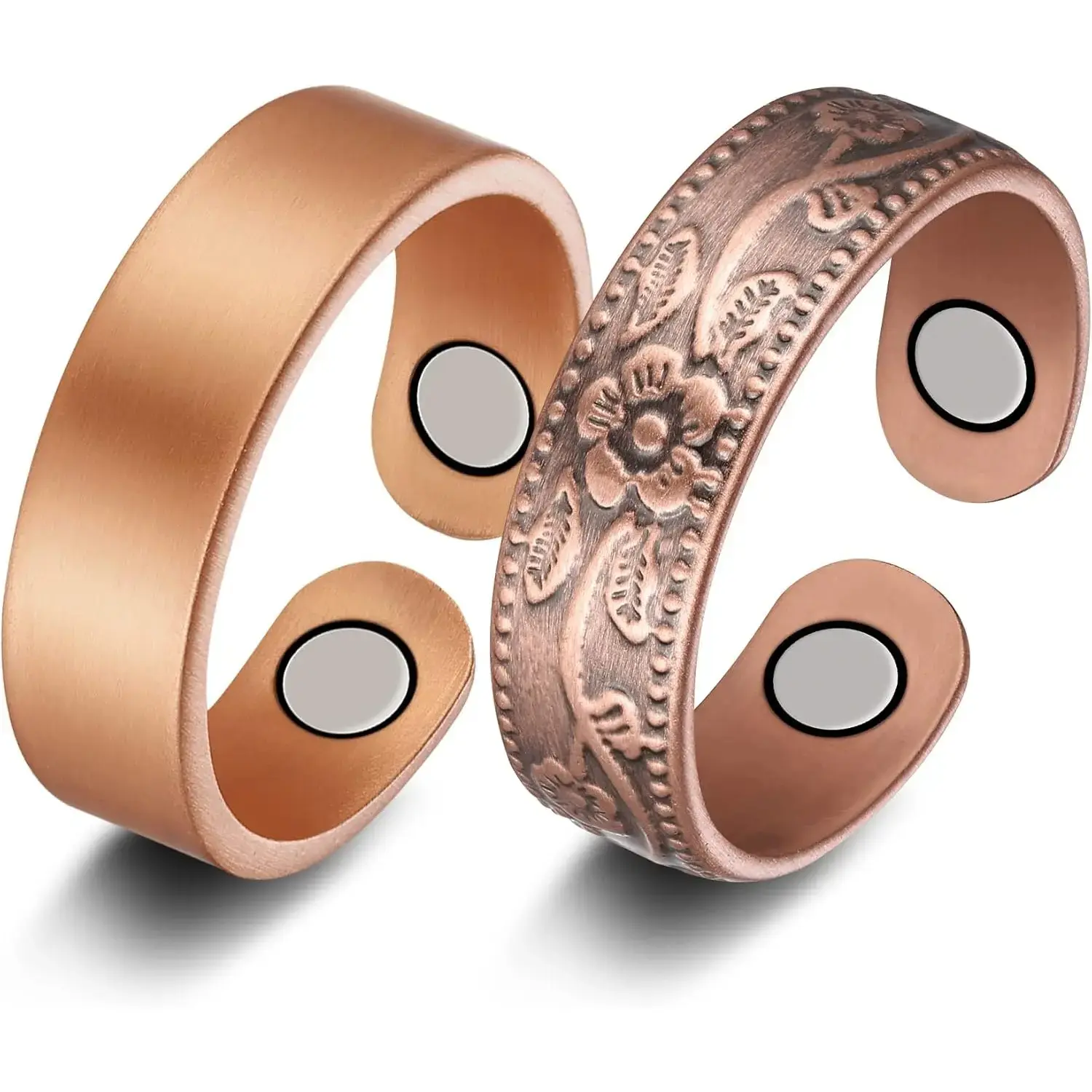 2PCS Copper Magnetic Rings Set, Adjustable Floral Band Rings for Women & Men, Minimalist Vintage Finger Jewelry Gift