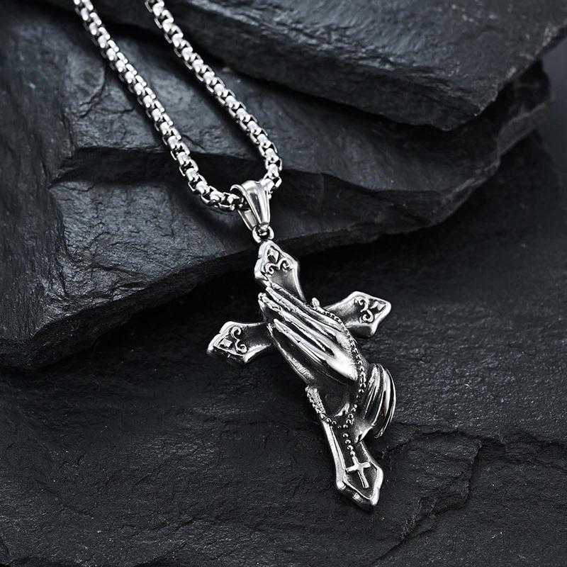 KISSFOO Stainless Steel Praying Hands Cross Necklace Prayer Accessories for Men and Women KISSFOO Stainless Steel Praying Hands Cross Necklace Prayer Accessories for Men and Women
