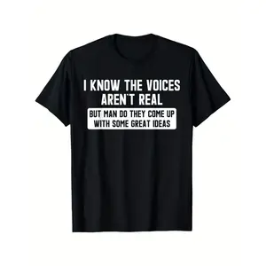 I Know The Voices Aren't Real Funny T-Shirt for & - 100% Cotton Retro Psychotic Humor Tee with Schizophrenia Awareness Slogan, S-XXXL Sizes, Casual & Outdoor Wear, Machine Washable Black/White Graphic Shirt