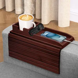 Bamboo Couch Armrest Table, Couch Arm Tray with Removable Couch Cup Holder, 2 in 1 Design Foldable Anti-Slip Bamboo Sofa Arm Tray for Remote Controls, Phones, Cups and Snacks (Brown)
