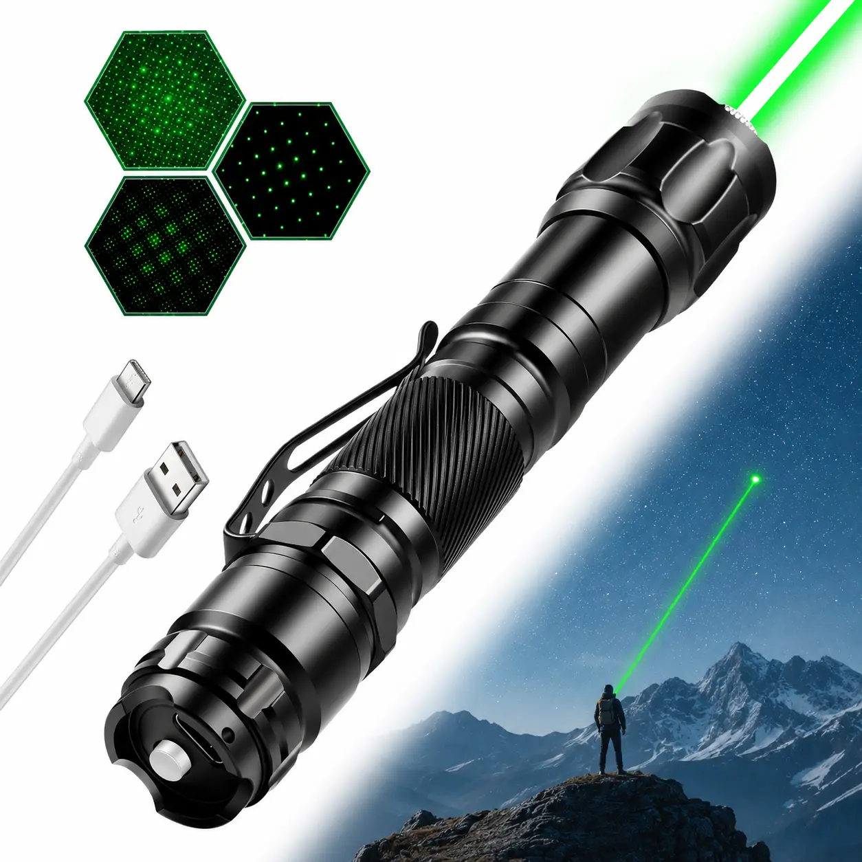 Rechargeable Handheld Pointer Light, Compact Green Laser with LED Lights for Hunting and Camping, Outdoor Ready, Entertainment, Stargazing, Handheld Lamp