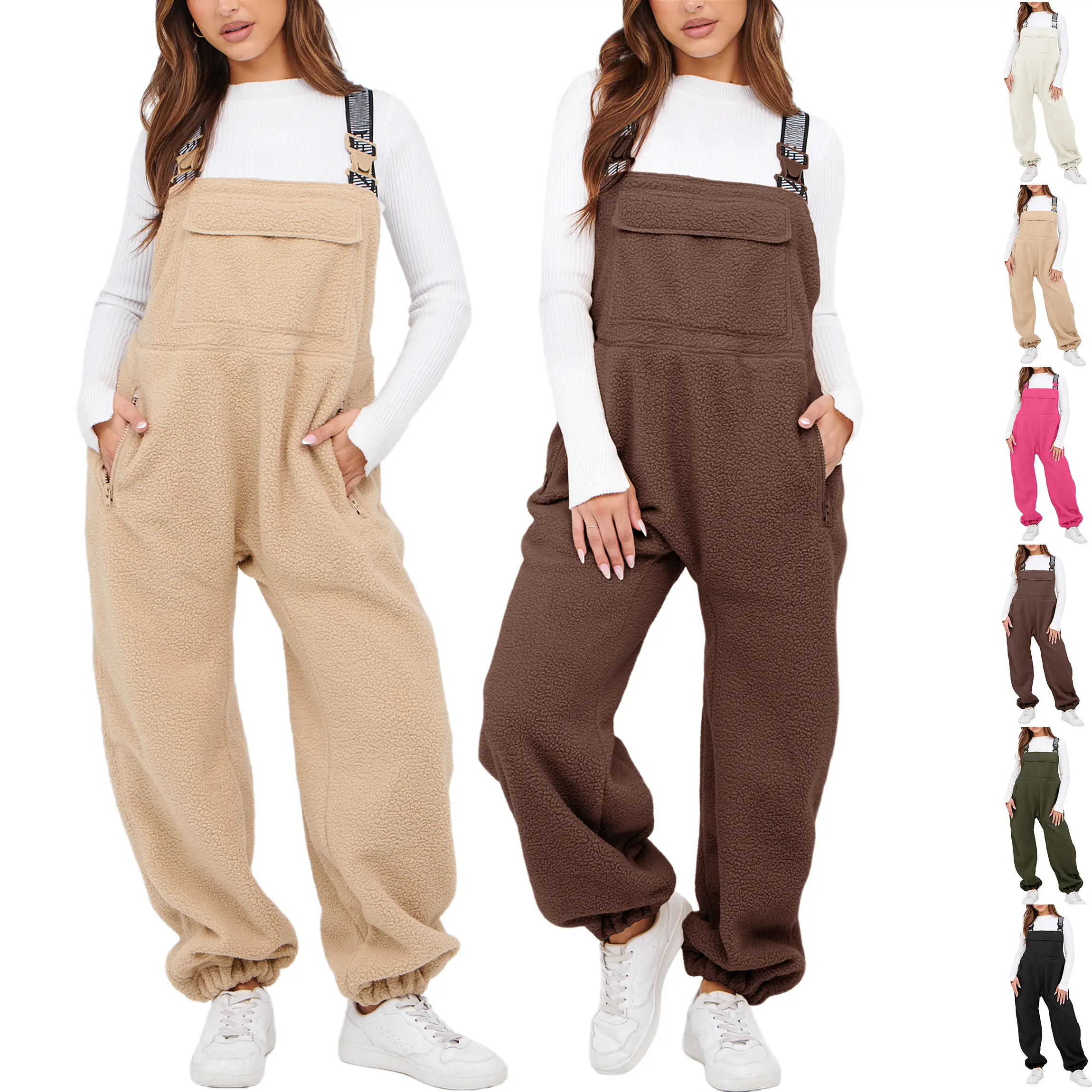 Buenoble Women's Fuzzy Fleece Overalls Winter Bib Pants Loose Fit Adjustable Strap Jumpsuit Warm Teddy Sherpa Romper Loungewear Streetwear