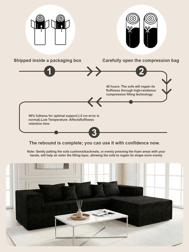 【2 Packages Shipping】Boneless Compression Sofa Bed - Modular Sofa, 105-inch Extra Large L-shaped Corner Sofa, No Assembly Required, Space-Saving, Memory Foam Seating, Suitable for Living Room and Bedroom, Black