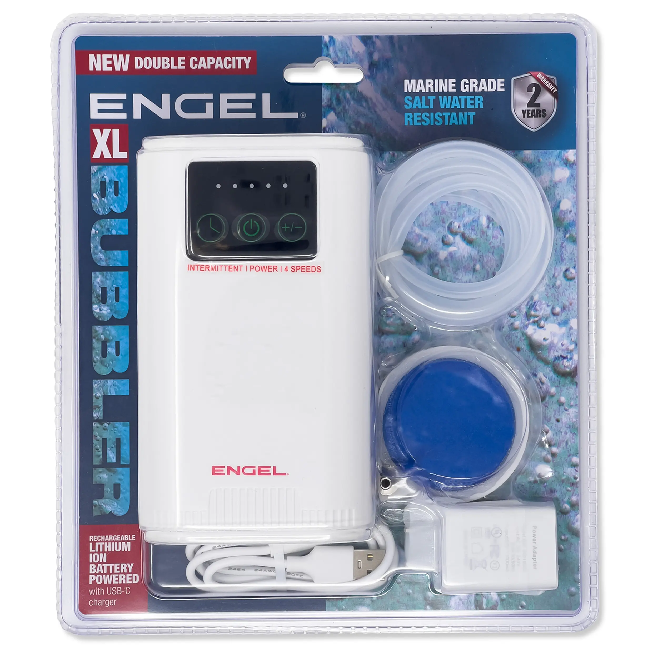Engel Extra Large Lithium-Ion Rechargeable Live Bait Aerator Pump, Battery-Powered Bubbler for Bait Buckets, 4 Speed & Intermittent Settings, 3.0 stl/minute, 8"x3"x4" Hockey-Puck Style Aerator Stone, 2 Years Warranty, Included Accessories