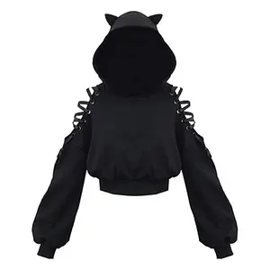 Womens Cat Ear Hoodie Sweatshirt Long Sleeve Sweater Off Shoulder Cat Cute Crop Top Hoodies Pullover