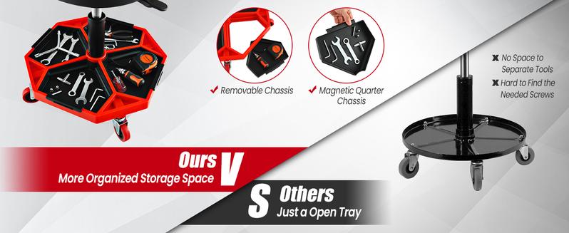 COSTWAY Garage Stool, Rolling Mechanic Stool with 16”-22” Adjustable Height, Universal Wheels, Removable Magnetic Tool Tray, 2” Thick Padded Cushion, 330LBS Capacity, Roller Creeper Seat, Shop Chair