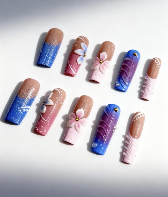 Thalomis° 100% Handmade Mystery Nail Set — Solid Design with Sticky Tabs, Nail File & Cuticle Stick, Natural Plant-Based Adhesive, Safe & Harmless Press-On Nails