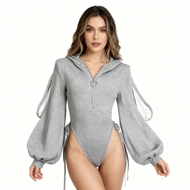 Cute Bunny Bodysuit for Women Cozy Knitted Jumpsuit with Fuzzy Ears for Christmas & Halloween Pajamas Spicy Pajama Sets & Matching Cardigans