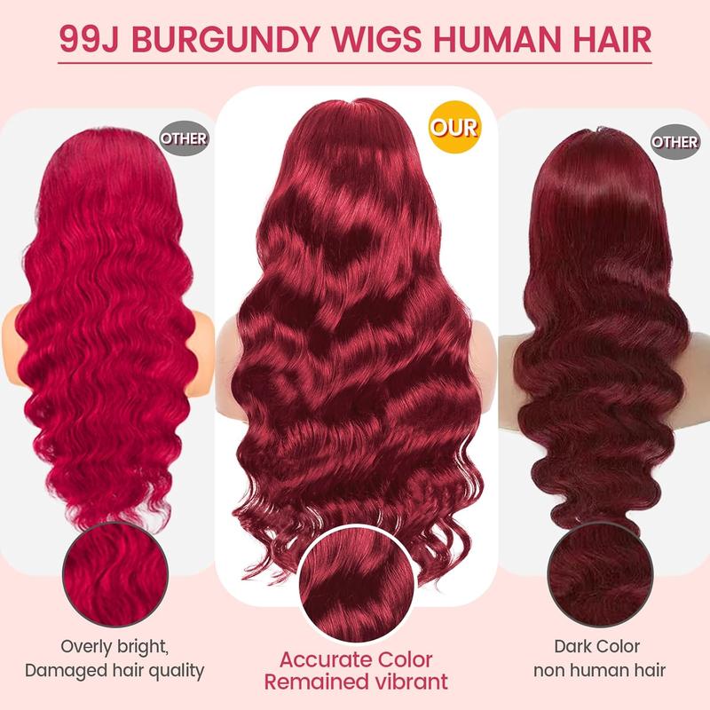 GK 32 Inch Burgundy Wig Human Hair Pre Plucked 13x6 HD Glueless Colored 99j Body Wave Lace Front Wigs 200 Density,100% Real Human Hair No Synthetic Blend No Tangle No Shedding Triple Lifespan
