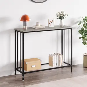 Garvee Konsolentisch Narrow Console Tables with Glass Shelf and Metal Frame, Rustic Grey, White-Gold, Dark Brown-Black, Sizes 33.5" to 41.5", Industrial Vintage Style for Entryway, Hallway, Living Room