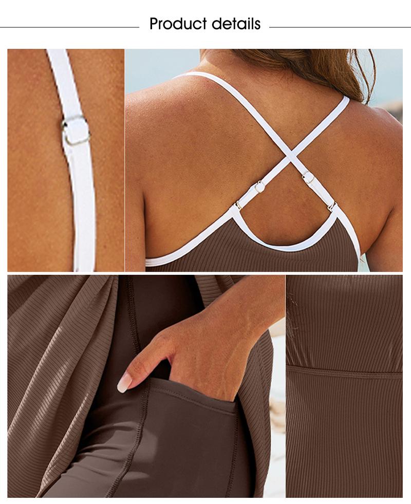 Aleumdr Women’s Ribbed One Piece Swimsuits Modest Swim Dress Tummy Control Adjustable Straps Bathing Suit with Pockets Sport Swimming Clothing Beach Flowy Swimdress