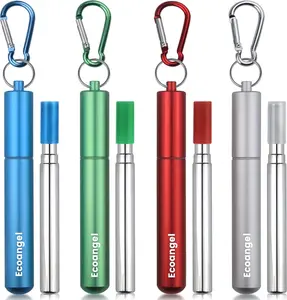 Cruise Ship Essentials,4-Pack reusable Collapsible Stainless Steel Drinking Straws with Aluminum Case,Cleaning Brush,and Keychains-Silver,Blue,Red,Green