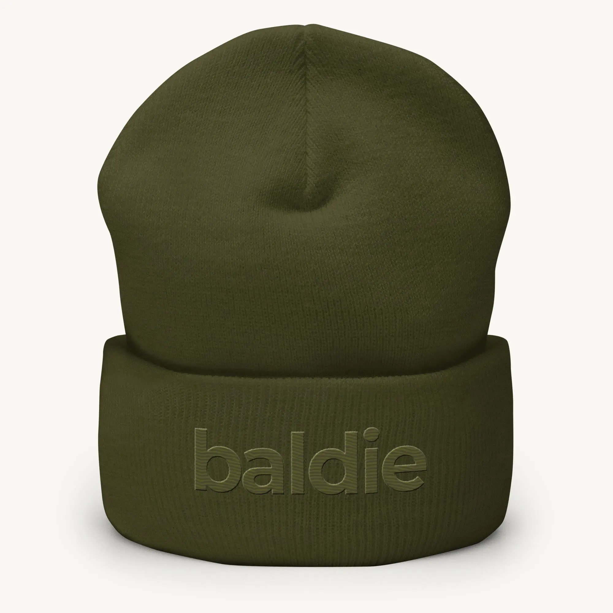 Army Green Embroidered Beanie, Unisex Cuffed Style in Soft Turbo Acrylic - Hypoallergenic & Lightweight for Bald Heads