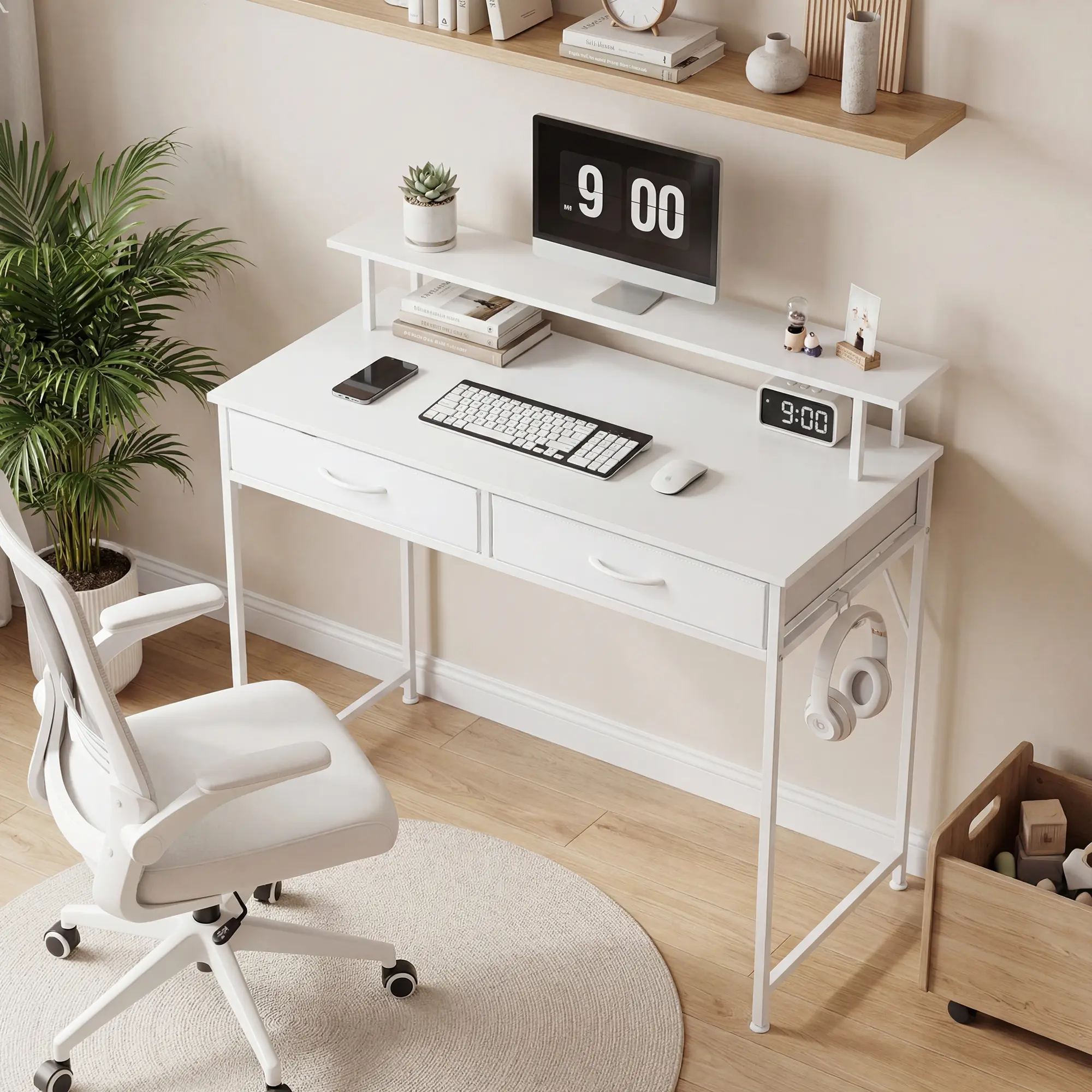 Small Home Office Computer Desk, Desk with 2 Drawers and Monitor Stand, Gaming Desk for Small Spaces