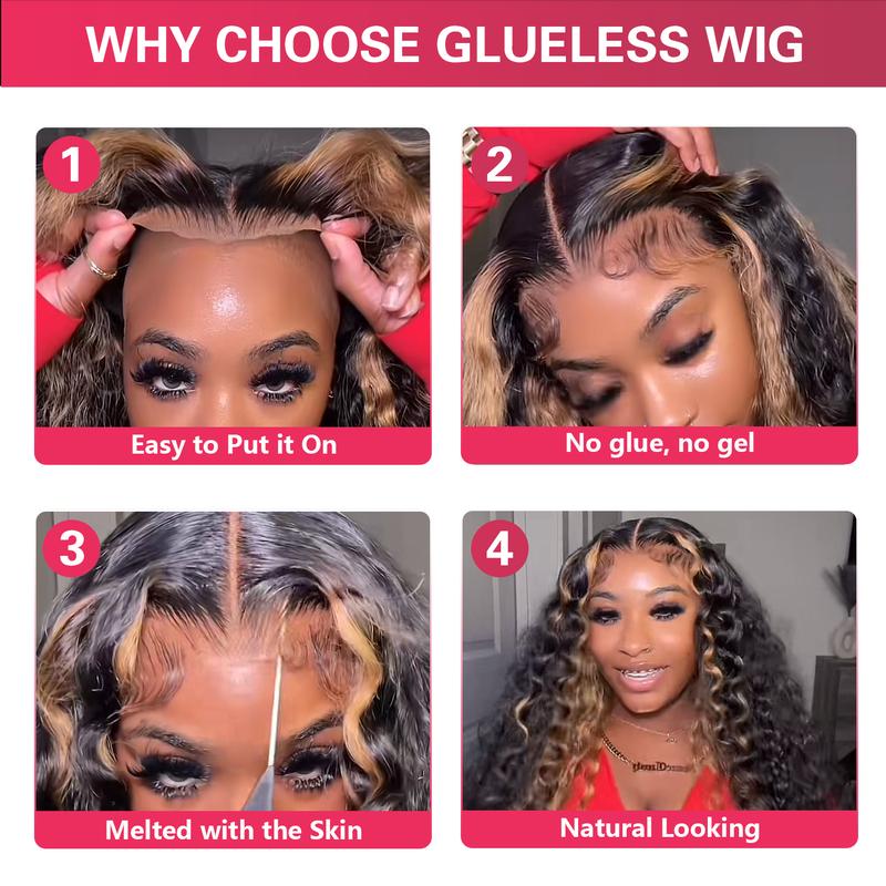 QUANDIAN 13X6 Burmese Curly Glueless Highlight Lace Front Wigs Human Hair Pre-Cut HD Lace Beginner Friendly Pre Bleached Upgraded Drawstring for Women