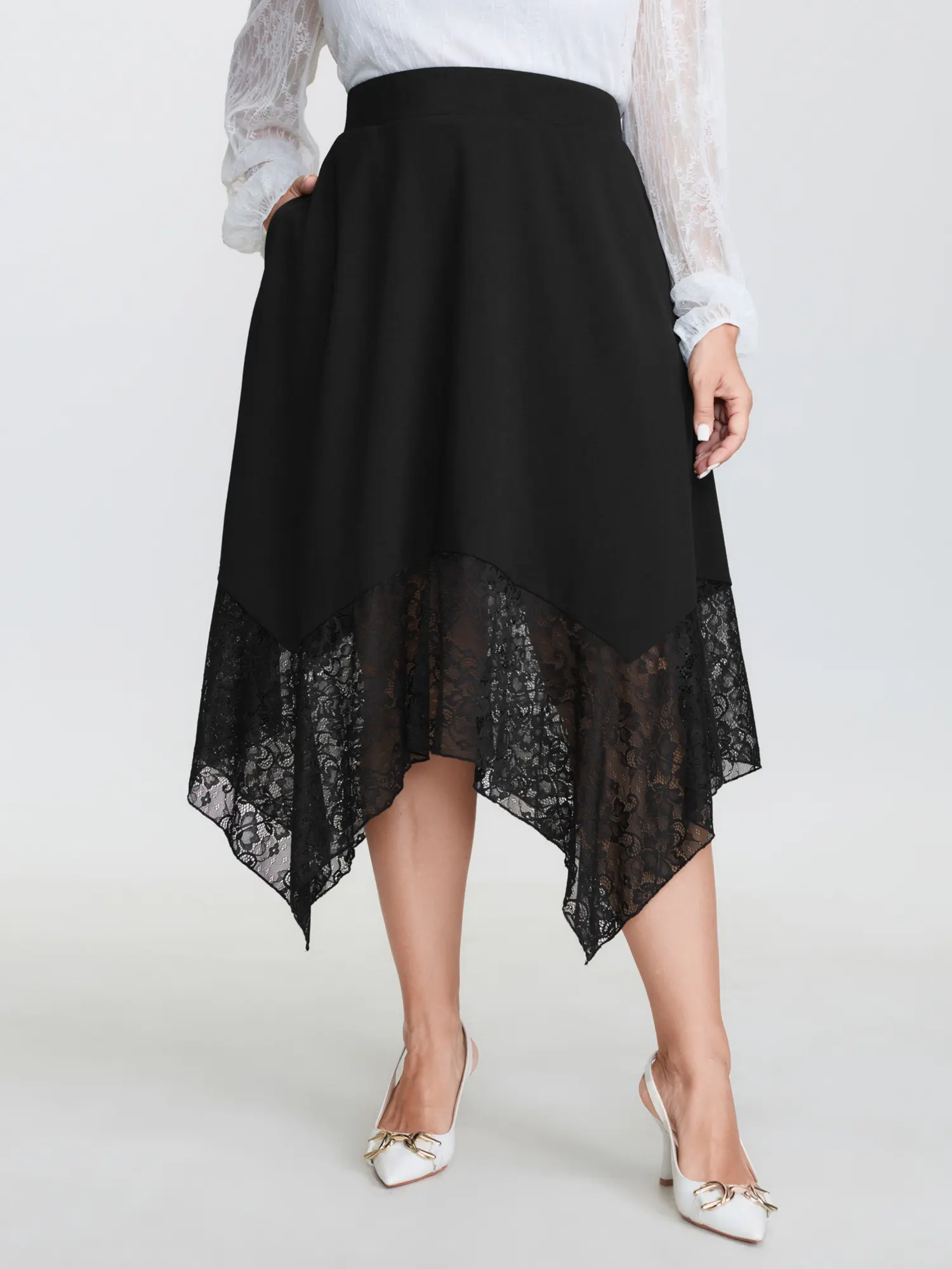 Plus Size Lace Midi Skirt for Women, Romantic Sheer Patchwork Bottom with a Handkerchief Hem and Pockets,Summerfinds