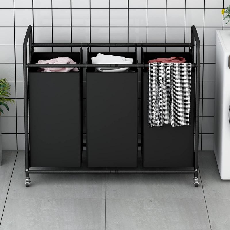 3-Bag Laundry Basket Sorter Laundry Hamper Cart with Heavy Duty Rolling Lockable Wheels and Removable Bags