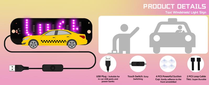 U/L Taxi Sign Light LED Decal for Car Windshield with Suction Cups USB Plug Dual-Color Conversion Scrolling Display Board Pink & Blue Light