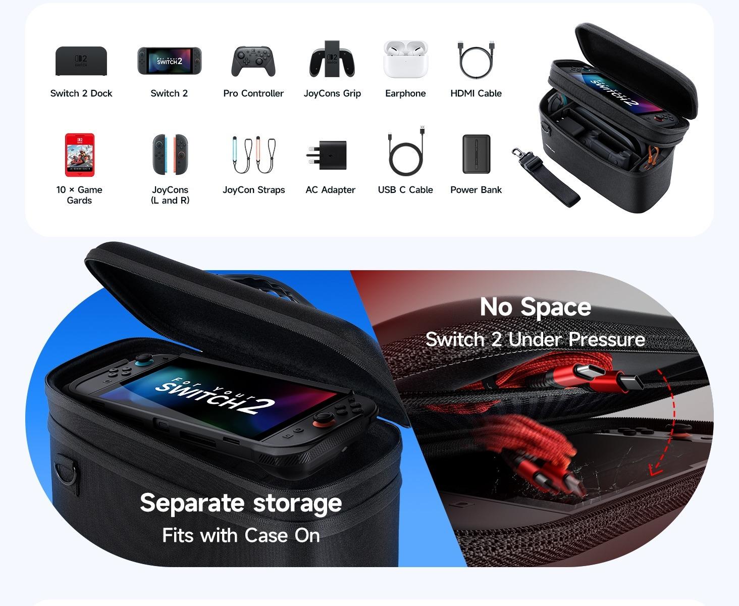 JSAUX All-in-One Carrying Case for Nintendo Switch 2, Travel Storage Bag Fits Dock, Controllers and Accessories, Holds Switch 2 with Protective Case, Large Capacity – Black