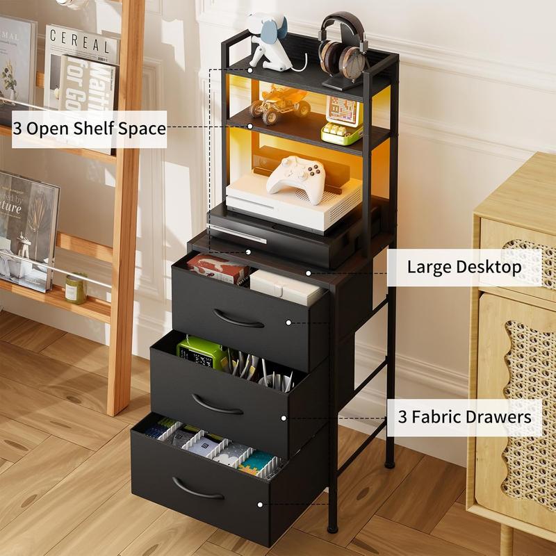 41 Inch Tall Nightstand with Charging Station, Led Night Stand with U-S-B Port & Socket, 3 PU Finished Fabric Storage Drawers, Office, Bedside Table & Bookshelf in One, Black 41 Inch Tall Nightstand with Charging Station, Led Night Stand with U-S-B Port & Socket, 3 PU Finished Fabric Storage Drawers, Office, Bedside Table & Bookshelf in One, Black